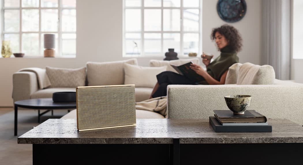 Beosound Level - Golden Oak with Beosound Balance in livingroom